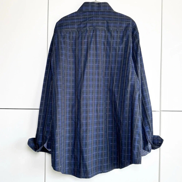 Bugatchi Mens Dress Shirts Black and Blue Plaid Contrast Cuff Print Size XL - Picture 9 of 12
